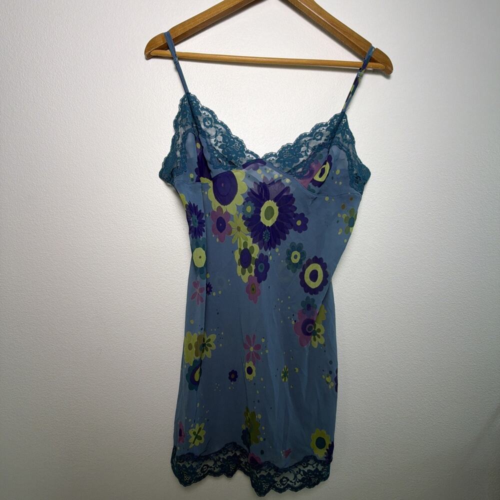 VTG Y2K Victoria's Secret Lace Sheer Green/Blue Floral Lingerie Slip Large